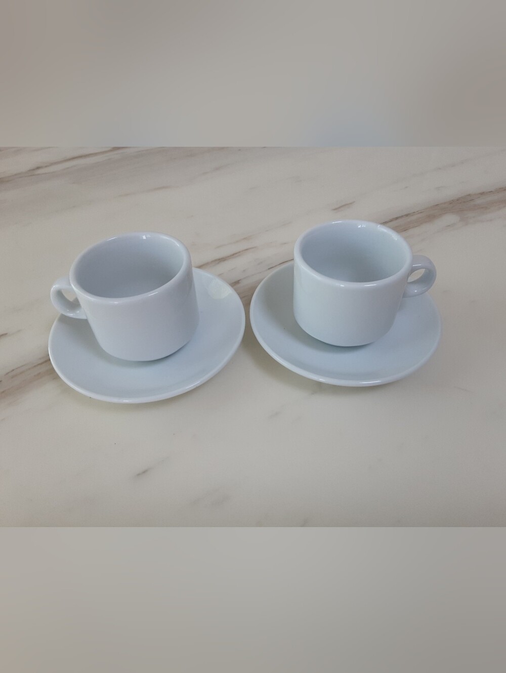 Set of 2 White Porcelain Demitasse Espresso Cups with Saucers